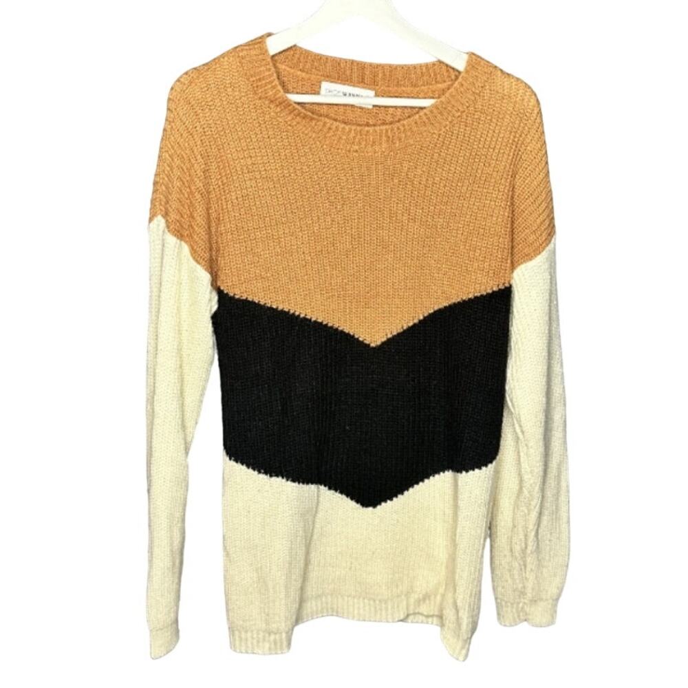 SHOP Wanna B Women's Orange Black Beige Color block Chevron Sweater Large NWOT